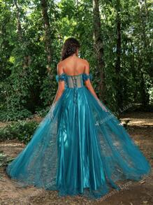 Faeriesty Vestido de gala con aplicación floral en el escote de tul transparente, elegante vestido de fiesta formal para bodas, invitados, graduación, cena