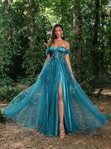 Faeriesty Vestido de gala con aplicación floral en el escote de tul transparente, elegante vestido de fiesta formal para bodas, invitados, graduación, cena