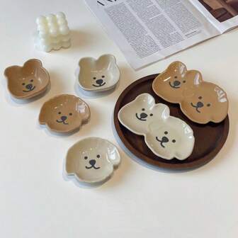 1pc Cute Puppy & Bear Design Ceramic Dip Dish, Suitable For Soy Sauce, Seasoning, Hot Pot Dipping, Everyday Household UseSchool Supplies,Christmas Gift