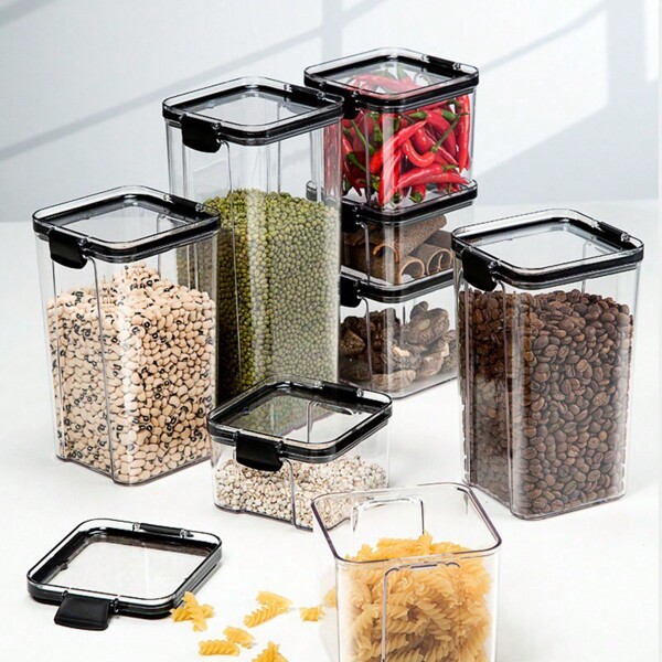 وعاء تخزين جاف للمطبخ 1قطعة، حاوية طعام/توابل مربعة شفافة بلاستيكية محكمة الإغلاق