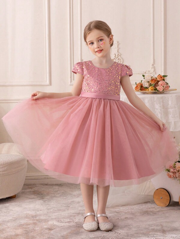 Young Girls Sweet Cute Princess Style Dress, Sequin, Beaded, Lace, Half Sleeve, Waist Tie, Mesh, Suitable For Parties, Performances, Celebrations, Birthday Parties, Stage, Music Concerts