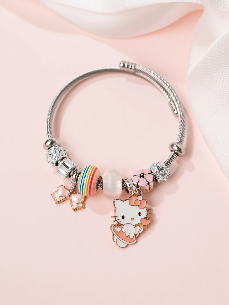 Sanrio Hello Kitty 手链，一包天使 Hello Kitty 吊坠银色手链，适合女性日常佩戴 - 圓手鐲 - 查看 1