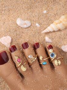 4pcs/Set Handmade Vintage Bohemian Style Pink Crystal, Cubic Zirconia, Turquoise Toe Rings For Women, Summer Beach Jewelry - Gold - View 1