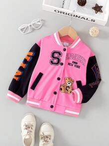 Kurtka baseballowa dla dziewczynki z haftowanym wielopostaciowym misiem Teddy, wiosna i jesień