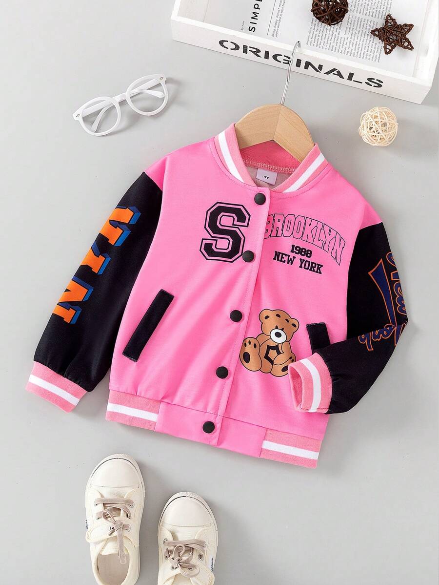 Kurtka baseballowa dla dziewczynki z haftowanym wielopostaciowym misiem Teddy, wiosna i jesień