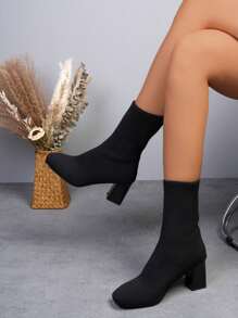 Giày Bốt Tây Nữ Mũi Vuông Chunky Tây, Giày Cao Gót Màu Đen Mới, Giày Bốt Dệt Kim Đến Mắt Cá Chân Cho Nữ, Mùa Thu/Đông - màu đen - Xem 5