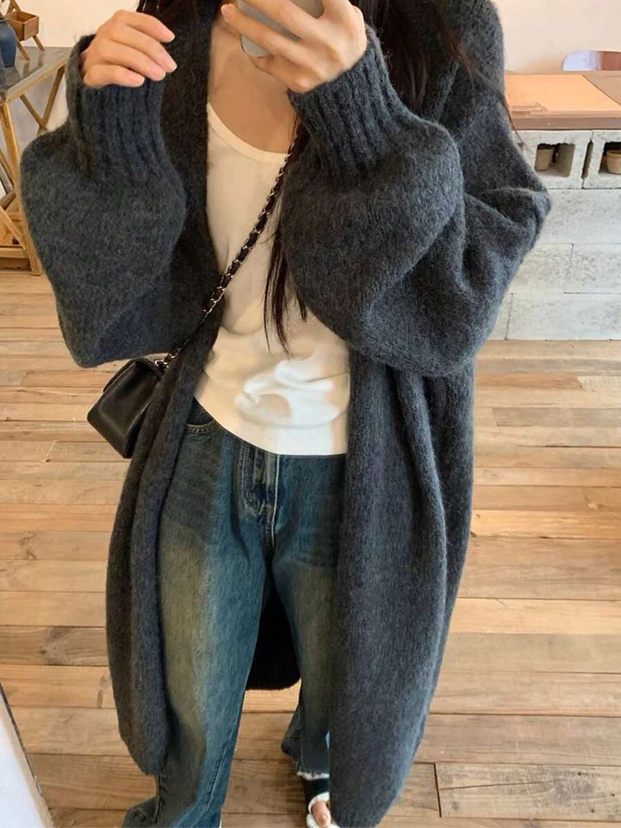 Simple Loose Knitted Mid-Length Cardigan - Grey - View 1
