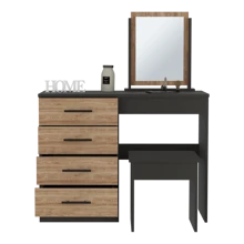 Kaia Makeup Vanity, Four Drawers, One Mirror, Stool -Black / Pine - Black - View 5