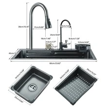 Selense Fregadero de cocina rectangular inteligente de color gris  plomizo de 60 * 46 cm, fregadero de cocina portátil empotrado de acero inoxidable de un solo seno con caño en cascada, superficie de trabajo en encimera, con juego de accesorios completo (estante para tazas, cesta escurridora, tabla de cortar), Adecuado para comedores, cocinas, autocaravanas y bares,Decoración de cocina moderna. - Gris gunmetal - Ver 2