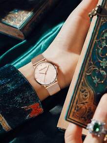 HANNAH MARTIN HANNAH Luxury Quartz Watch, 36mm Rose Gold Stainless Steel Mesh Bracelet, Matte Dial, Japanese Movement, Casual Fashion Wristwatch