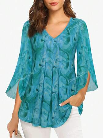 CheersLife Women's Casual 3/4 Sleeve Tunic Tops Floral Double Layers Blouses Loose  Pleated Mesh Shirts