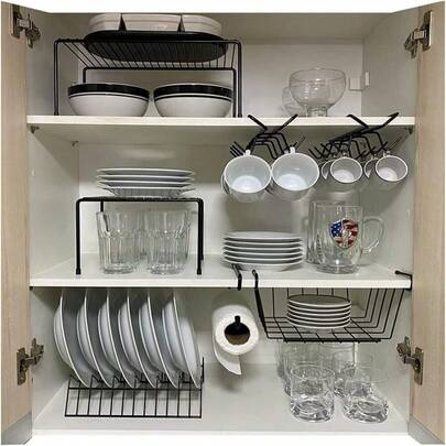 Kit Organizador de Armário Aramado de Cozinha Suporte de Prato Xícara Cesto 7 Peças
