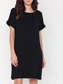 Boho Retro Rayon Cool Soft Summer Cuff Short Sleeve Crew Neck T Shirt Mini Dress Tunic With Pockets - Black - View 1