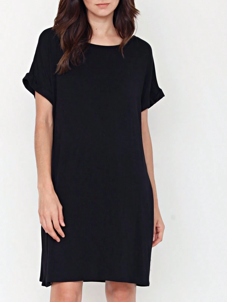 Boho Retro Rayon Cool Soft Summer Cuff Short Sleeve Crew Neck T Shirt Mini Dress Tunic With Pockets - Black - View 1