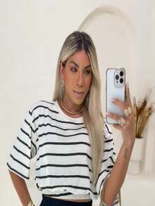 Basic Cropped Blouse Striped Elastic Loose Fashion Blogger - 黑色 - 查看 2