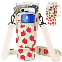 Water Bottle Carrier Bag With Phone Pocket For Cup 40 Oz Tumbler With Handle Neoprene,Portable Water Bottle Holder Pouch  With Adjustable Strap For Cup Accessories,Storing Cards,Phones And Other Small Item - AA-草莓 - 查看 1