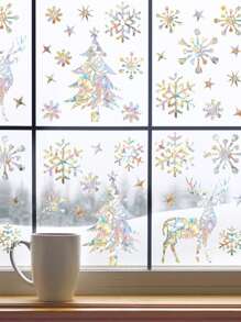2 张圣诞雪花麋鹿冬季彩虹窗贴装饰 PVC 彩色玻璃窗贴家居新年装饰，圣诞节