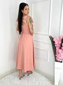 Vestido midi luxo lisa duna linho com laço na manga