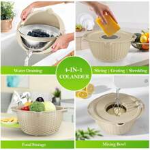 4-1 Colander With Bowl Set - Strainers For Kitchen, Food Strainers And Colanders, Pasta Strainer, Rice Strainer, Fruit Cleaner, Veggie Wash, Salad Spinner, Apartment & Home Essentials - Beige