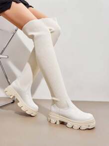 Women Minimalist Panel Design Knit Over The Knee Boots Fashion Lug Sole Comfortable Stretch Warm Sock Boots For Autumn Winter Christmas Wearing - Beige - View 2