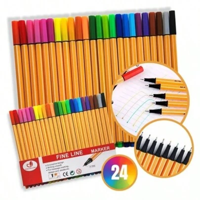 kit 12/24 Cores Canetas Coloridas Fine Line Ponta Fina 0.4 mm 1ª Linha Esferográfica