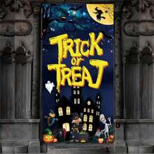 1 szt. Dekoracja na Halloween (34,6 X70,8 cala), Horror Night Pumpkin Castle Door Cover Porch Sign Scarecrow Full Moon Ghosts Indoor Outdoor Scary Halloween Eve Door Banner Trick Or Treat Photo Booth Props Backdrop For Halloween Party Supplies, Christmas