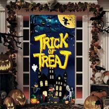 1 szt. Dekoracja na Halloween (34,6 X70,8 cala), Horror Night Pumpkin Castle Door Cover Porch Sign Scarecrow Full Moon Ghosts Indoor Outdoor Scary Halloween Eve Door Banner Trick Or Treat Photo Booth Props Backdrop For Halloween Party Supplies, Christmas