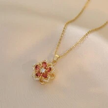 5-Petal Flower 360° Rotating Pendant Necklace - Gold - View 1