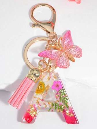 One Initial Keychain For Girl And Ladies, Pink Cute Dry Flower Dandelion Key Chain, Backpack/Handbag Decoration, Butterfly Tassel, Gift Car Accessories Bag Charm School Goth Y2k