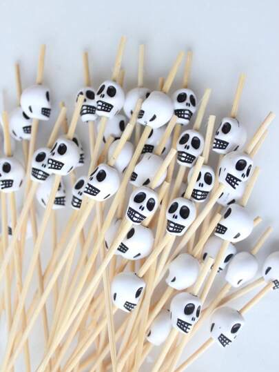 20/30/50pcs Halloween White Skull Cocktail Decoration Sticks, Stir Sticks, Cupcake Fruit Picks, Suitable For Party And Holiday Decoration Stir Sticks(Due To The Design, There May Be Some Black Marks On The Skull, Which Is A Normal Phenomenon And Does Not Affect Usage)
