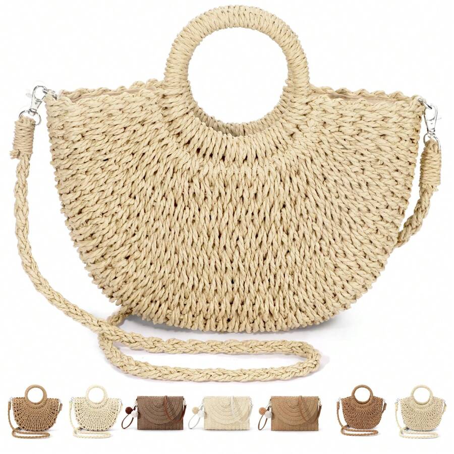 Oaoleer 1PC Straw Clutch Purses For Women Woven Straw Beach Sea Handbag Tote Bags For Summer - 米色 - 查看 1