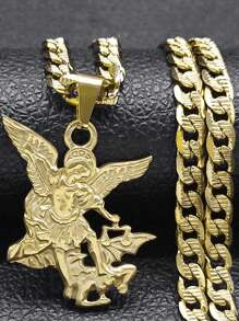 St. Michael Protect Us Stainless Steel Pendant Necklace, Unisex Gold Color Chain - Star - View 1