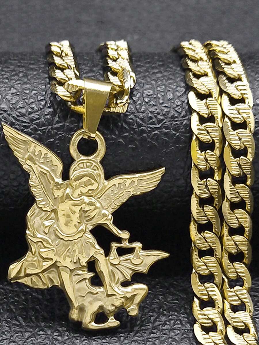 St. Michael Protect Us Stainless Steel Pendant Necklace, Unisex Gold Color Chain - Star - View 1