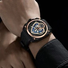 Ruerised Ma63007g男士玫瑰金不鏽鋼機械手錶,人造藍寶石錶盤,獨特設計並帶夜光,適合日常佩戴