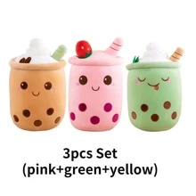 可爱波霸茶毛绒填充泡泡茶毛绒玩具卡通柔软草莓抱枕奶茶毛绒玩具填充奶茶杯毛绒枕头居家拥抱礼物儿童和房间装饰 - 卡其色 - 查看 17