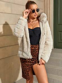 Abrigo reversible de poliéster forrado para mujer de Giolshon - Cuello de piel sintética, estilo elegante para ir al trabajo, con múltiples capas, para otoño/invierno - Beis - Ver 5