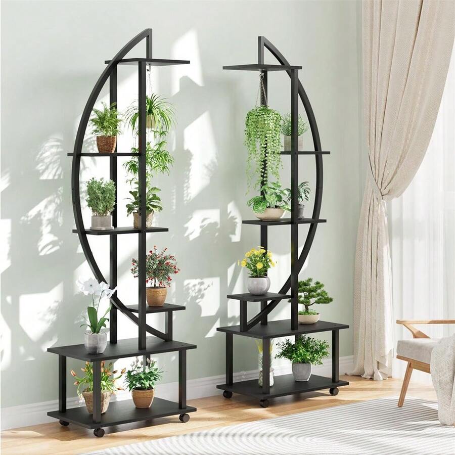 2 Pack 6 Tier Tall Plant Stand Metal Indoor Plant Stand With Detachable Wheels Half Moon Shape Plant Stands With Drawers Large Plant Display Stand For Home Patio Lawn Garden Balcony - Black - View 1