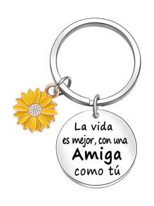 1pc Unique Spanish-Style Round Stainless Steel Keychain, Laser Engraved - Durable, Simple Design, Perfect Gift For Best Friend Or Men Accessories School Halloween Accessories Teachers Day - Multicolor - View 1
