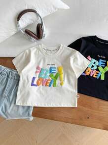 年轻男孩夏季新款儿童彩色印花图案 T 恤，休闲字母短袖上衣 - 米色 - 查看 3