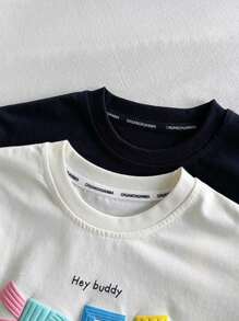 年轻男孩夏季新款儿童彩色印花图案 T 恤，休闲字母短袖上衣 - 米色 - 查看 6