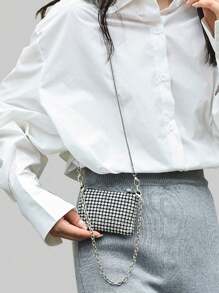 Bolso bandolera mini de mujer con cadena brillante, bolso de hombro tipo sobre con strass, bolso de mensajero con adorno de strass - Plateado - Ver 7