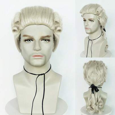 Tóc giả luật sư quý tộc thế kỷ 18, tóc giả dài xoăn cho trang phục thời thuộc địa, tóc giả màu be phủ phấn có đuôi ngựa cho vai diễn lịch sử những năm 1700, tóc giả tổng hợp dành cho nam giới.