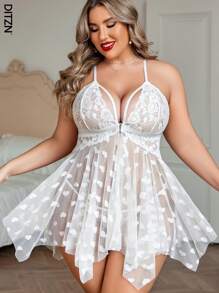 DITZN Plus Size Women's One-Piece Heart Shaped See-Through Erotic Sexy Lingerie Front Button Dress Split Lace Dress Summer Passion Night Breathable Pajamas Homewear (Free Thong) For Rave