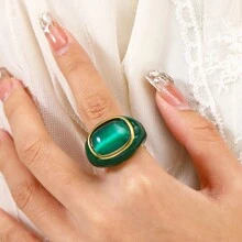 1 pieza Anillo de acero de titanio para mujer, diseño vintage audaz con incrustación de piedra natural, banda ancha de adecuada para uso diario