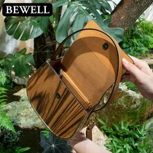 BEWELL 极简实用木质斜挎包，女士手提包天然斑马木配皮革肩带，女士奢华艺术品 - 黃色 - 查看 7