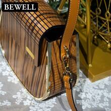 BEWELL 极简实用木质斜挎包，女士手提包天然斑马木配皮革肩带，女士奢华艺术品 - 黃色 - 查看 5