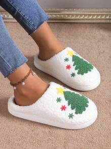 Christmas Tree Plush Warm Slippers For Women, Thick Sole Anti-Slip Indoor House Slippers For Student Dormitory, Wearable Outdoor