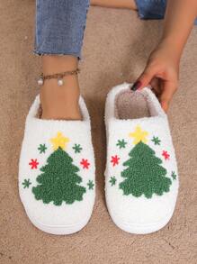 Christmas Tree Plush Warm Slippers For Women, Thick Sole Anti-Slip Indoor House Slippers For Student Dormitory, Wearable Outdoor