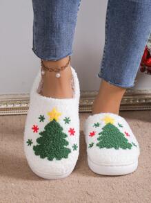 Christmas Tree Plush Warm Slippers For Women, Thick Sole Anti-Slip Indoor House Slippers For Student Dormitory, Wearable Outdoor