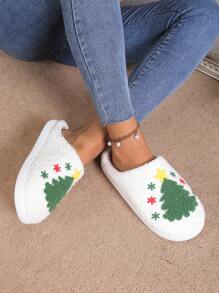 Christmas Tree Plush Warm Slippers For Women, Thick Sole Anti-Slip Indoor House Slippers For Student Dormitory, Wearable Outdoor